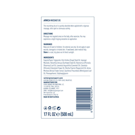 Wintergreen Arnica Massage Oil label with directions, ingredients, and product details on a white background
