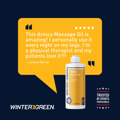 Wintergreen Arnica Massage Oil bottle with customer review on a dark blue background