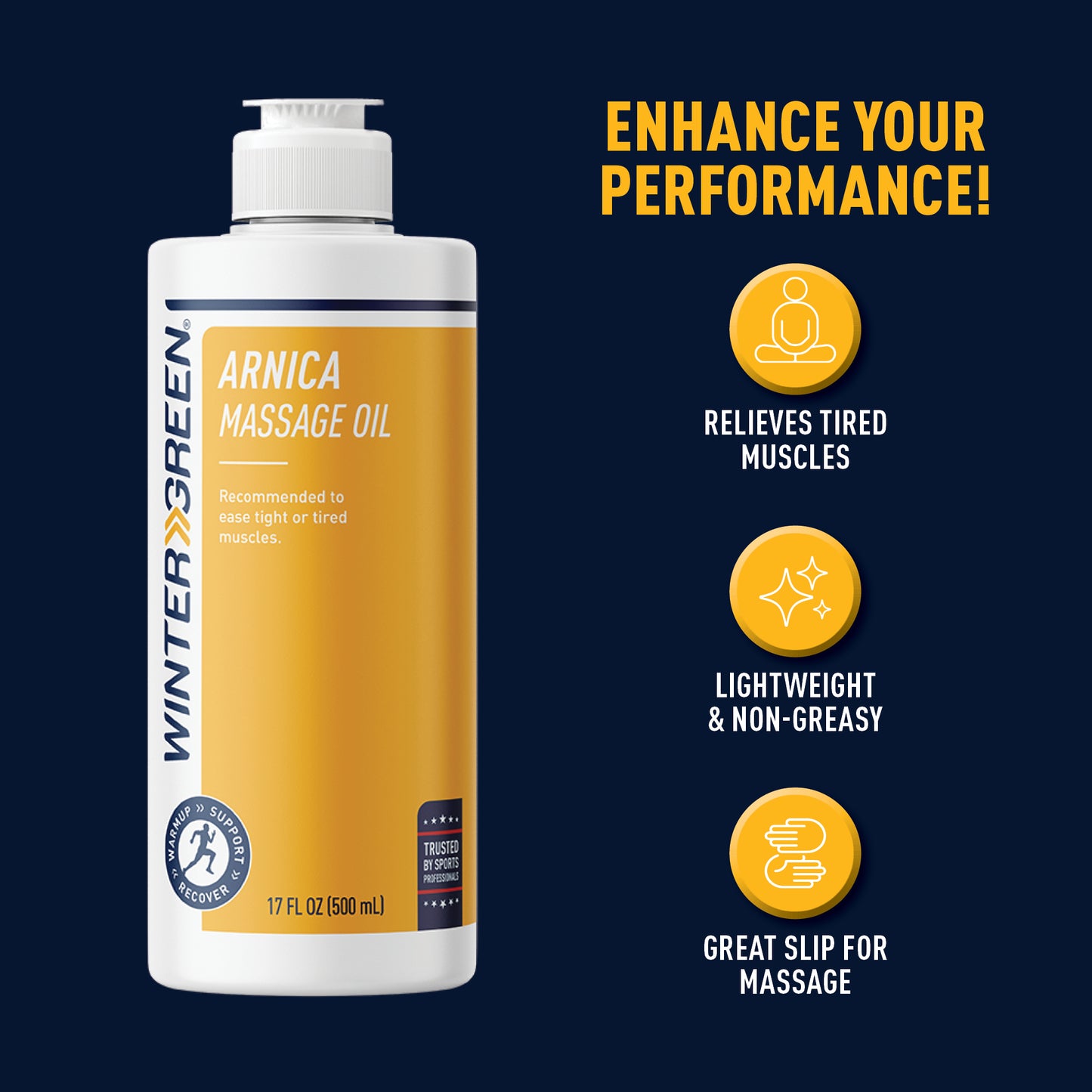 Wintergreen Arnica Massage Oil bottle with product features on a dark blue background