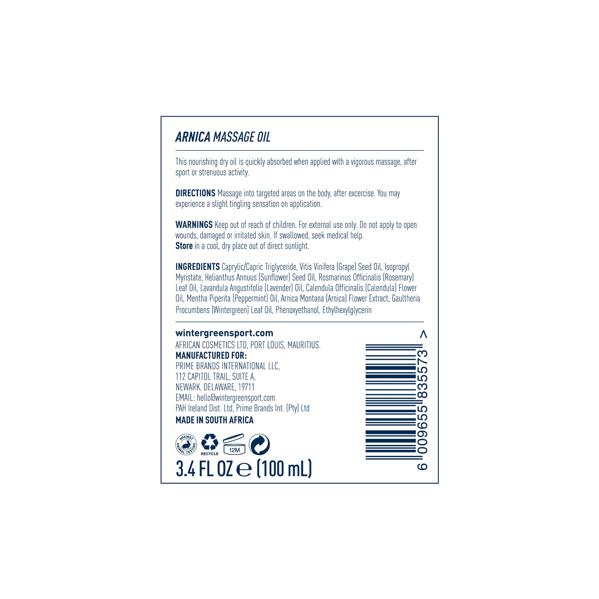 Back label of Wintergreen Arnica Massage Oil with text and barcode on a white background
