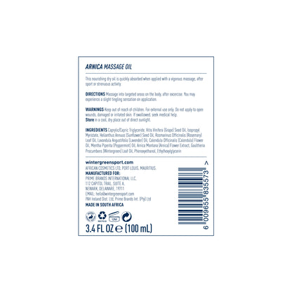 Back label of Wintergreen Arnica Massage Oil with text and barcode on a white background
