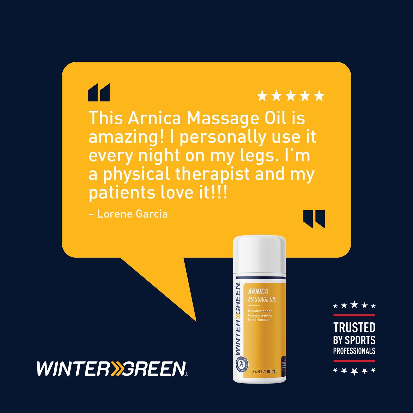 Wintergreen Arnica Massage Oil with customer review on a dark blue background