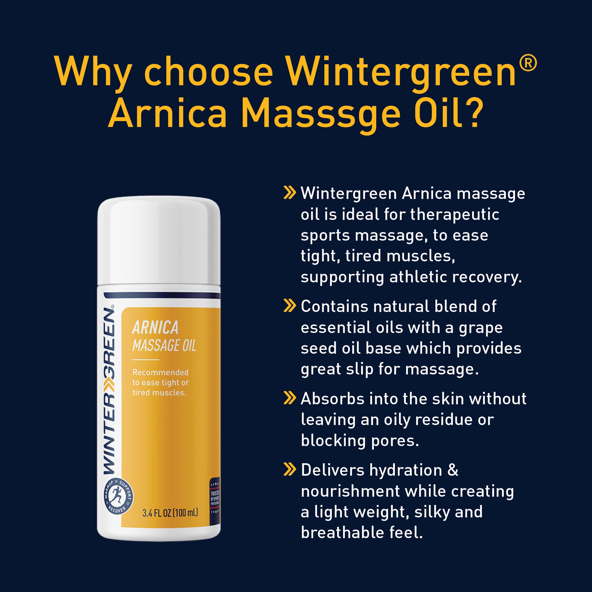 Wintergreen Arnica Massage Oil bottle with product features on a dark blue background