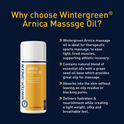Wintergreen Arnica Massage Oil bottle with product features on a dark blue background