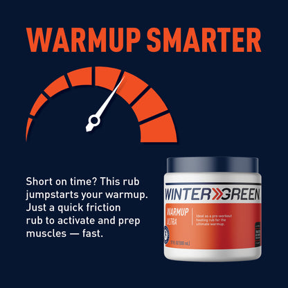 Wintergreen Warmup Ultra product with text on a dark blue background