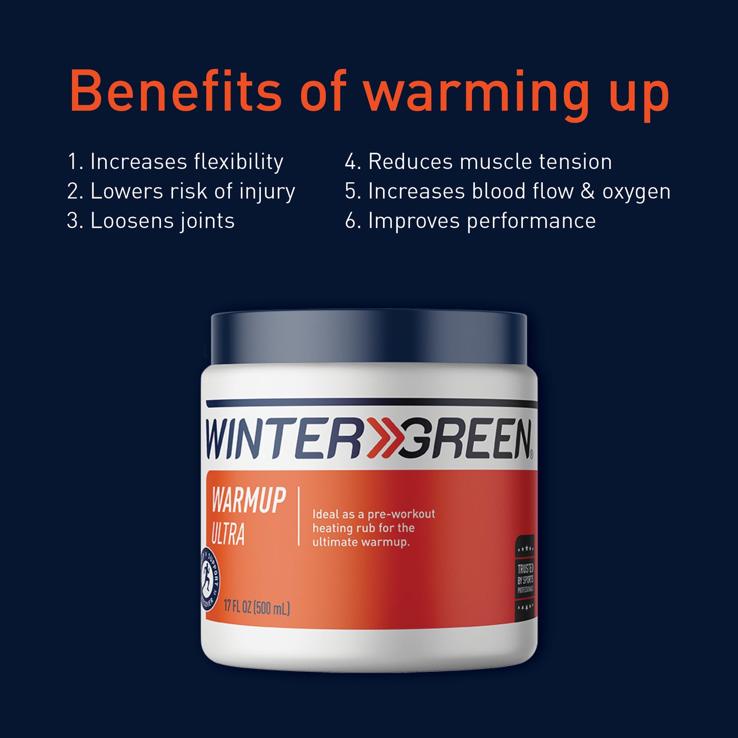 Wintergreen Warmup Ultra container with benefits listed on a dark blue background