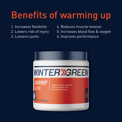Wintergreen Warmup Ultra container with benefits listed on a dark blue background