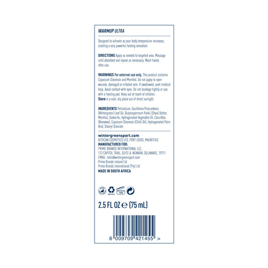 Back label of Wintergreen Warmup Ultra with text and symbols on a white background