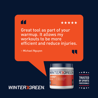 Wintergreen Warmup Ultra product with a testimonial on an orange speech bubble against a dark blue background
