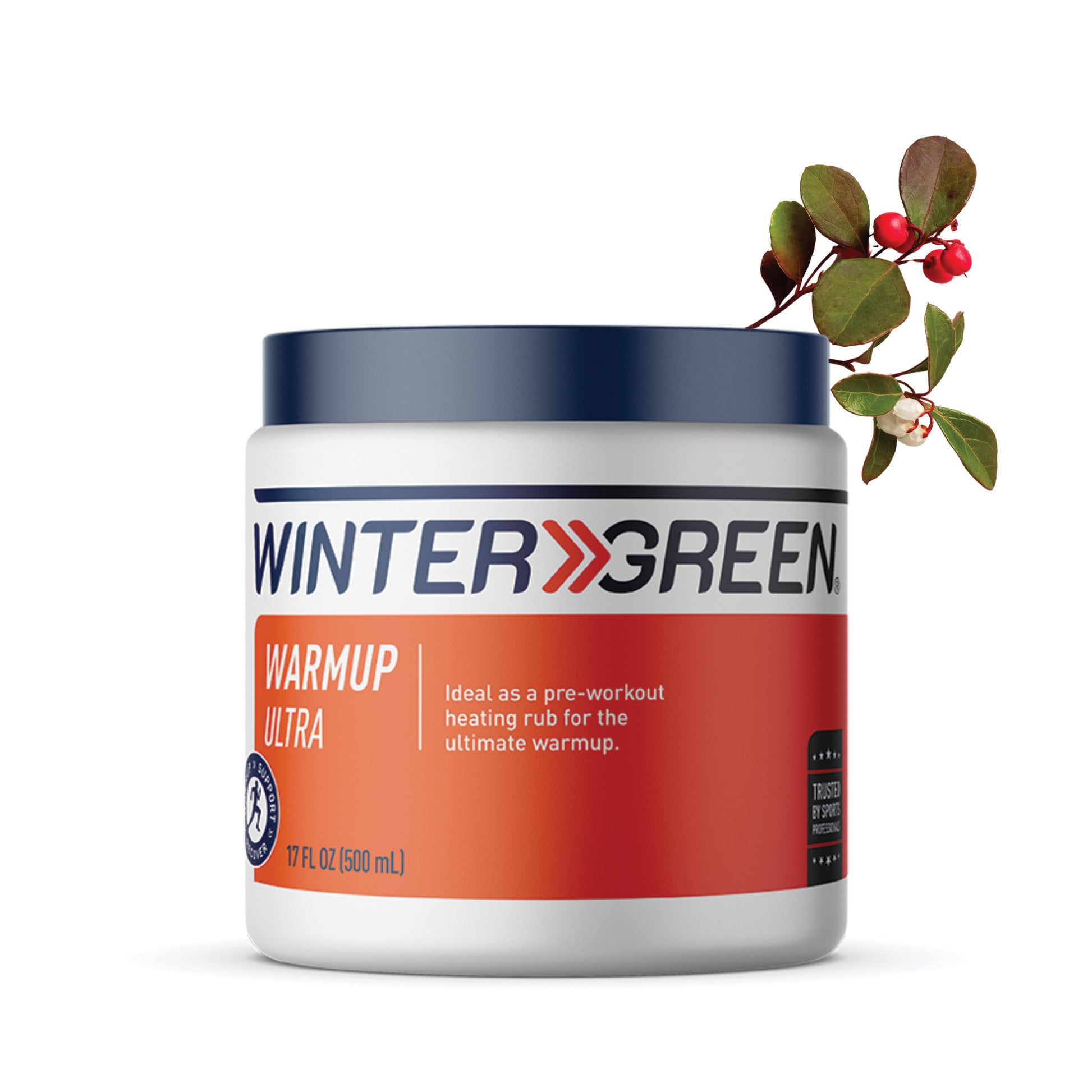 Wintergreen Warmup Ultra container with a decorative branch on a white background