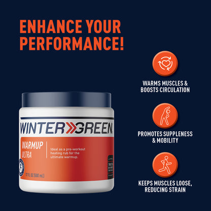 Wintergreen Warmup Ultra product with benefits on a dark blue background