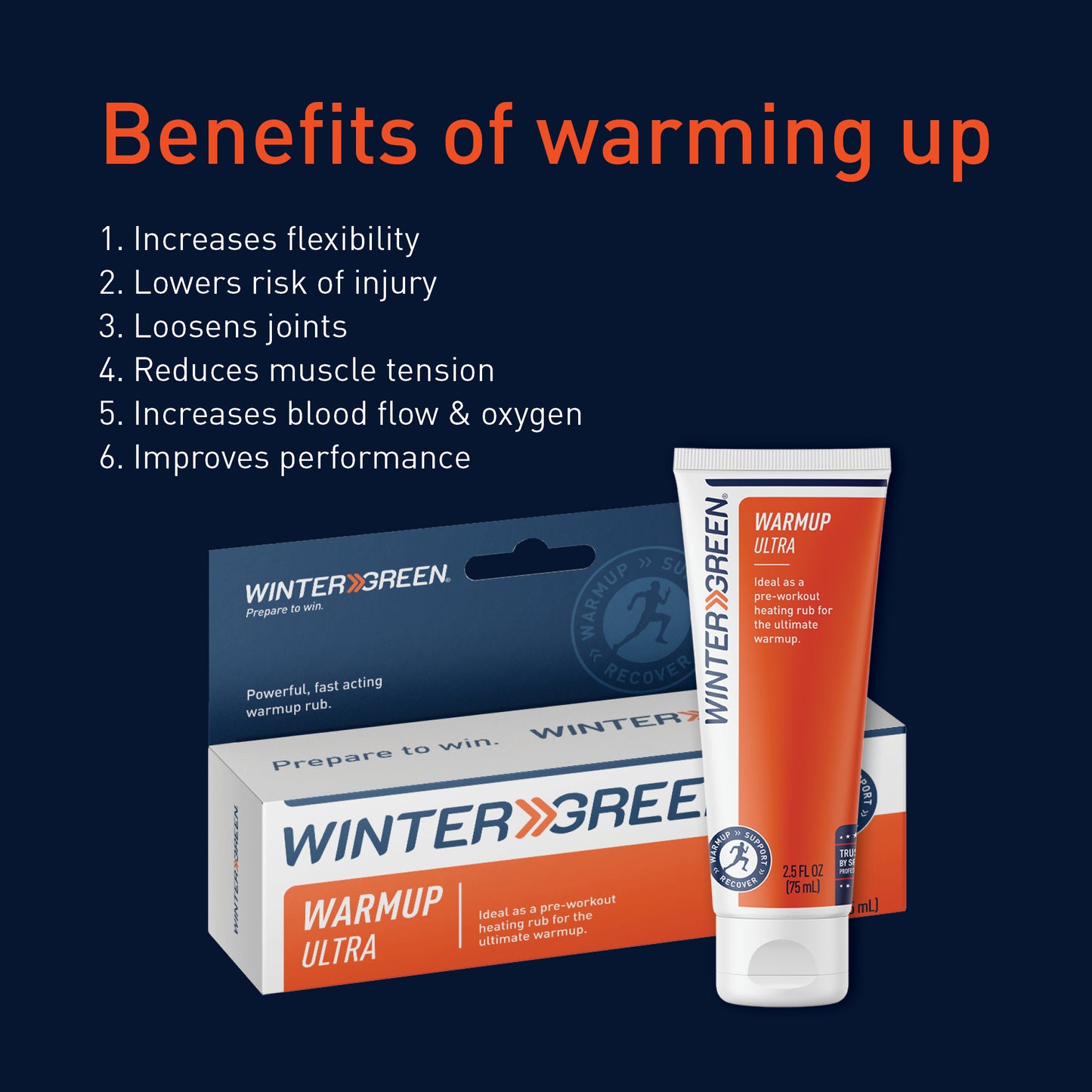 Wintergreen Warmup Ultra product with benefits listed on a dark blue background