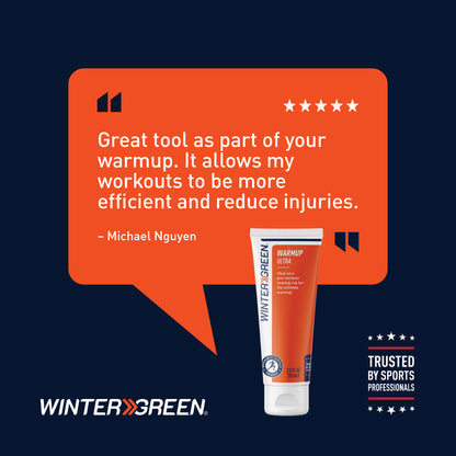 Wintergreen Warmup Ultra with a testimonial on an orange speech bubble against a dark blue background