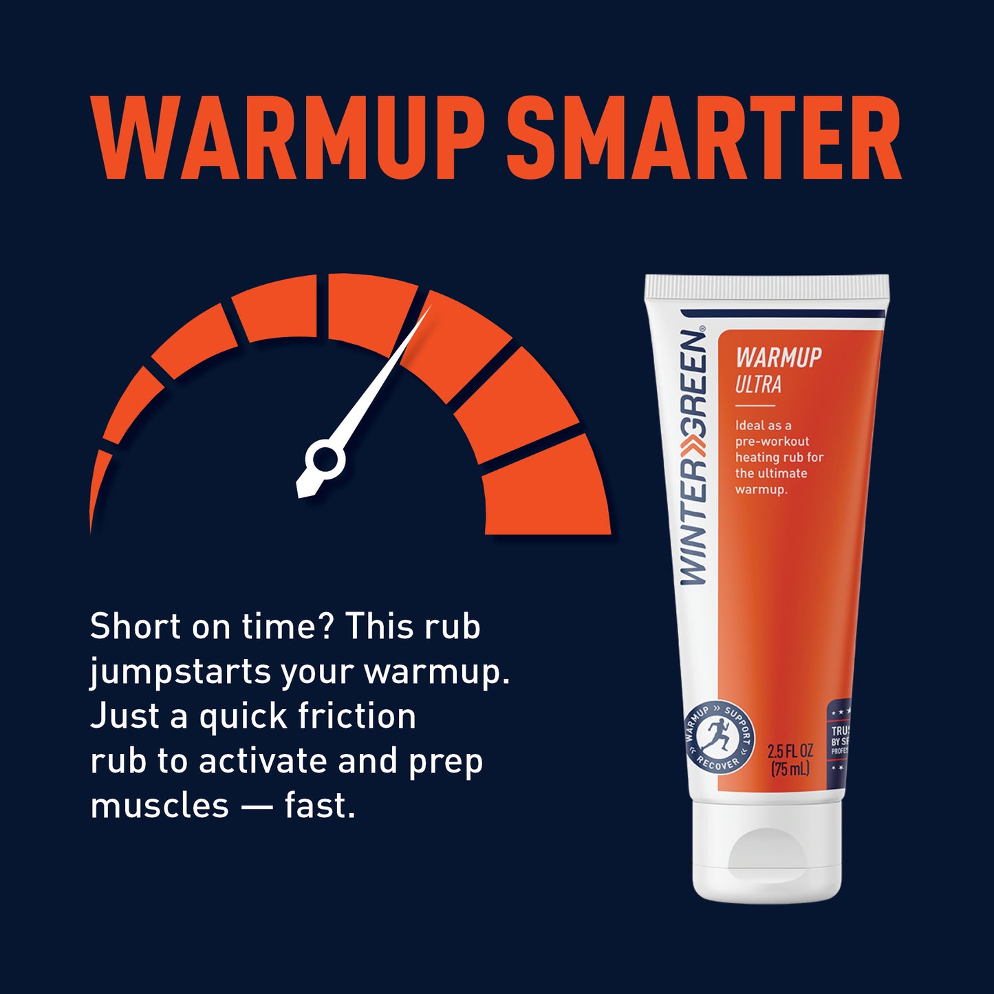 Wintergreen Warmup Ultra product with text on a dark blue background