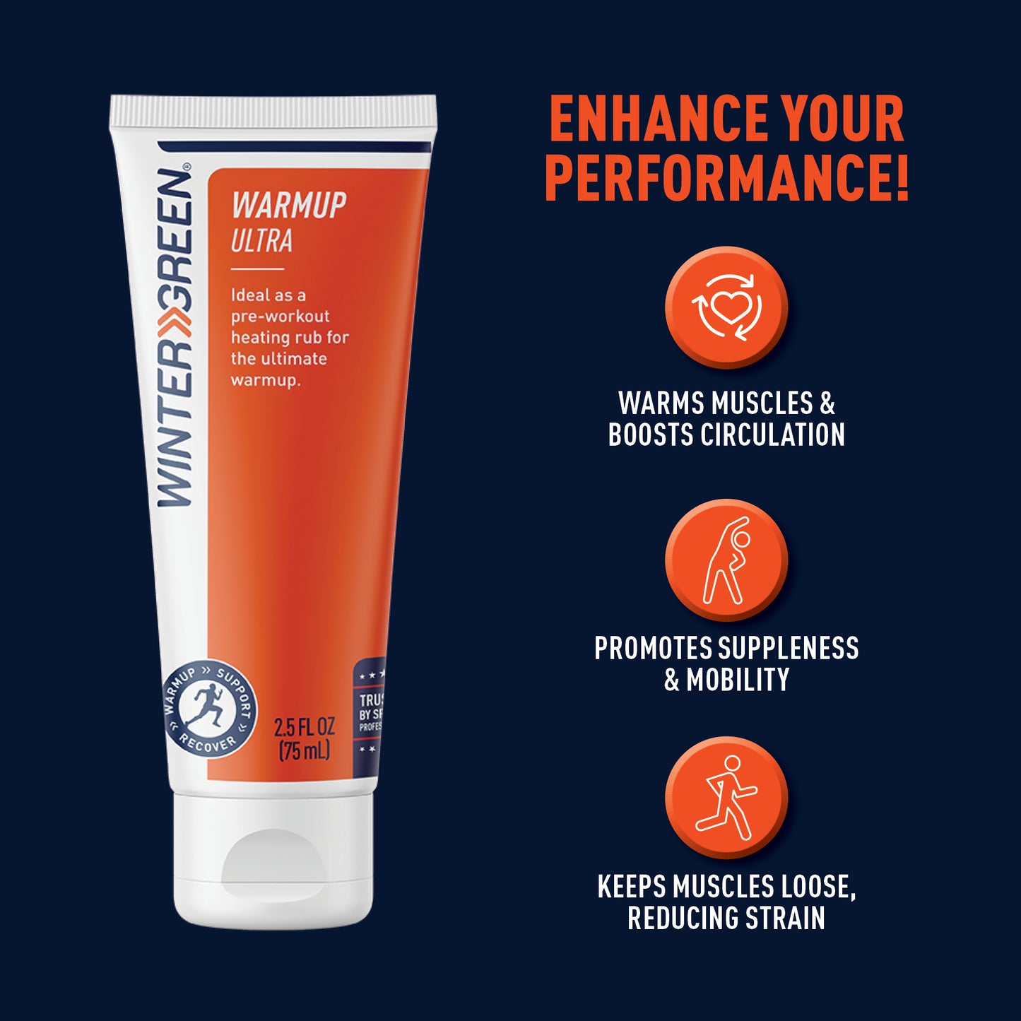 Wintergreen Warmup Ultra tube with product benefits on a dark blue background